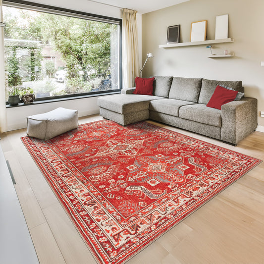 GLN Rugs Knossos - Machine Washable Area Rug - 8'x10' Turkish Vintage Rug - Red/Beige