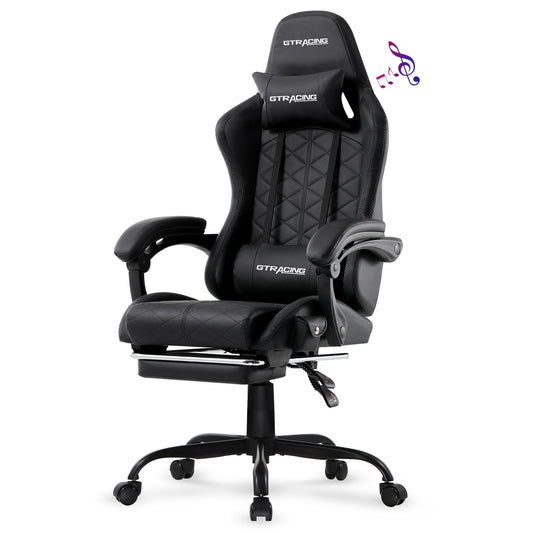 GTRACING GTW-100: Ultimate Reclining Gaming Chair with Bluetooth Sound, Adjustable Pillows, and Footrest, Black