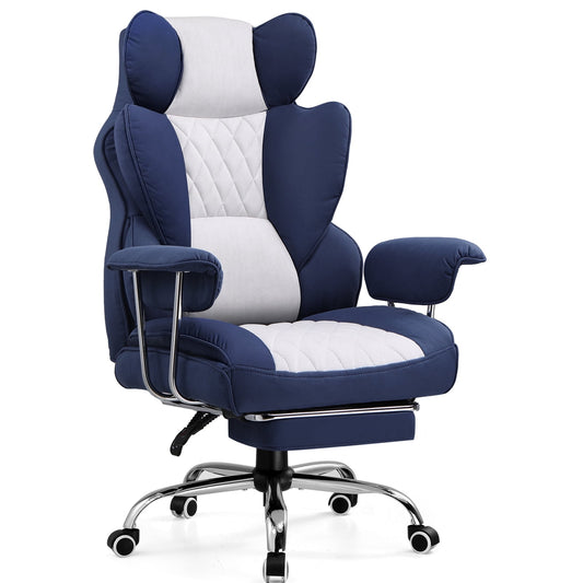 GTRACING Ergonomic Gaming, Office Chair, Swivel Executive, Cozy Fabric with Footrest, Dark Blue & White