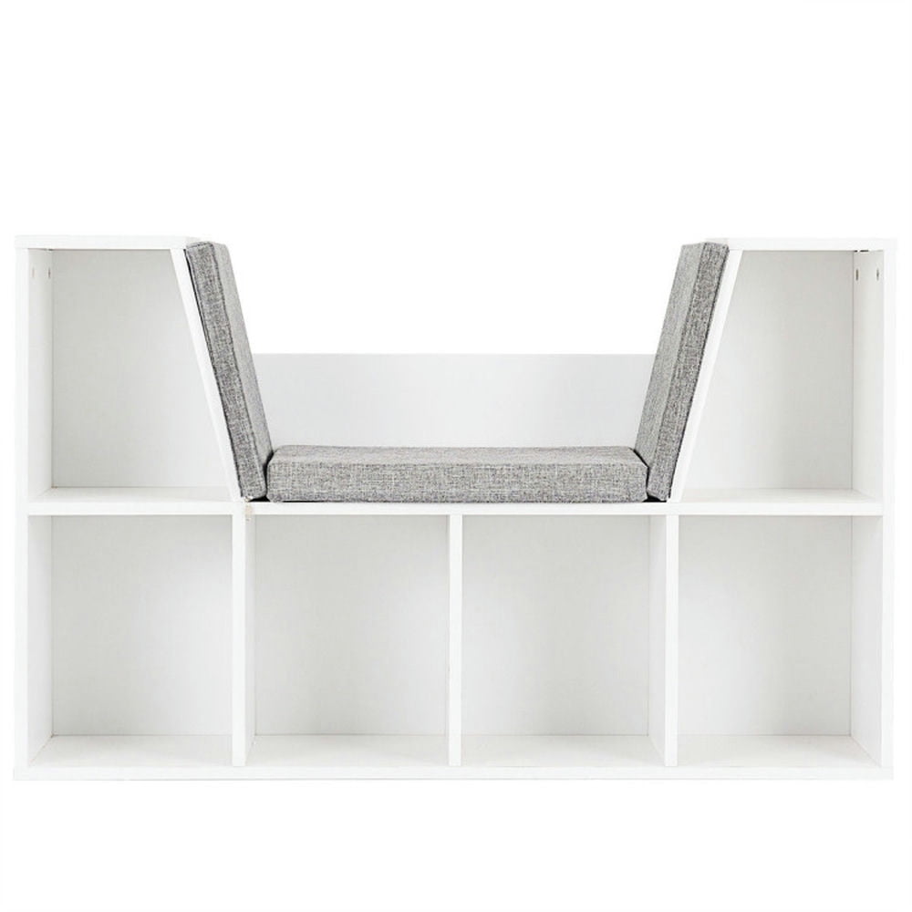 GVN 6-Cubby Kid Storage Bookcase Cushioned Reading Nook-White, Toy Organizers and Storage for Kids, Boys, Girls, Nursery