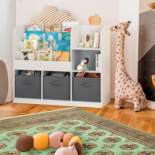 Glavbiku Kids 3 Shelves Bookcase with 3 Collapsible Drawers,Wood Toy Organizer for Playroom,White