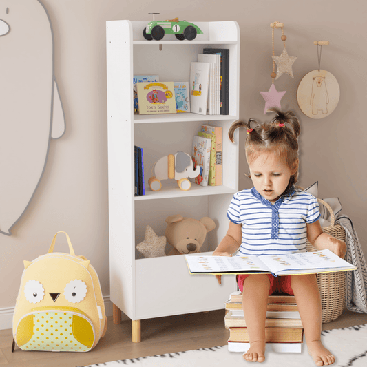 Glavbiku Kids Wood 4-Tier Bookcase,Child 3 Shelves Toy Storage Cabinet Organizer for Playroom,White