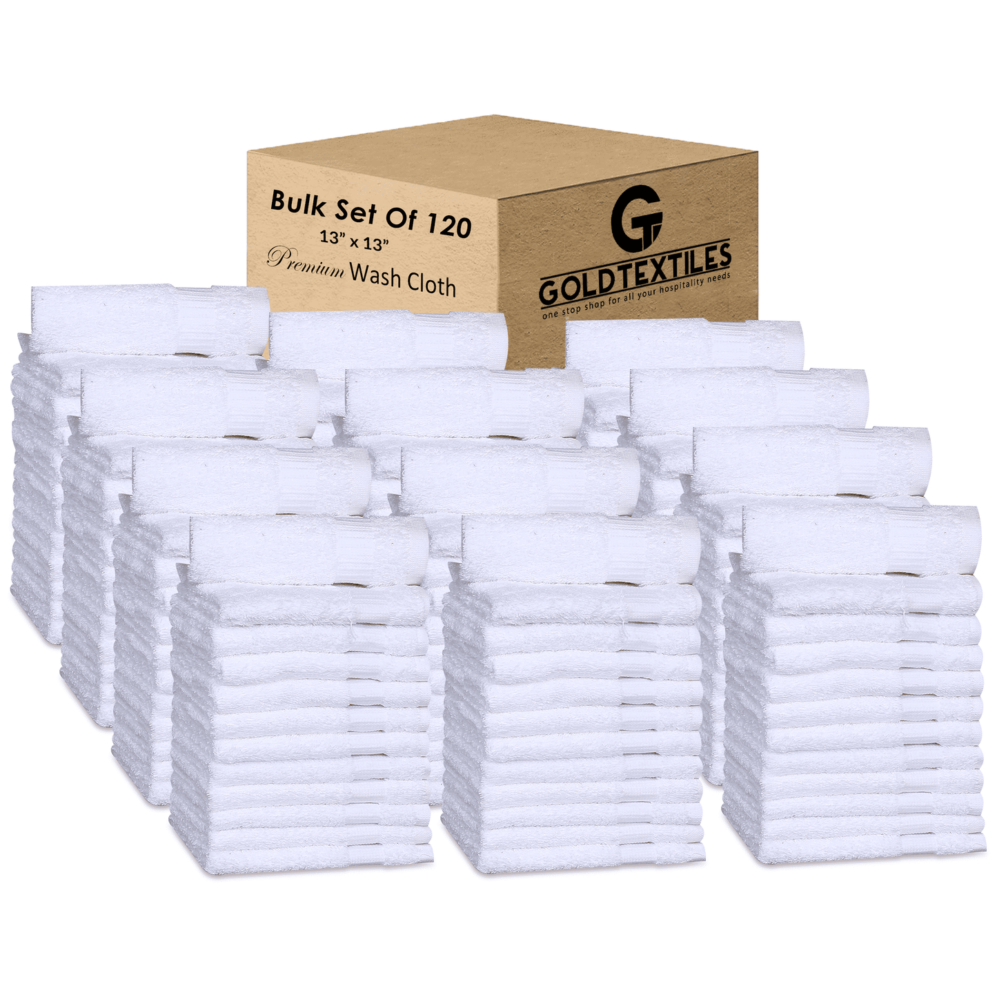 Gold Textiles 120 Pack Washcloth Towel Set 13x13 inch 100% Cotton White Ultra Soft Highly Absorbent