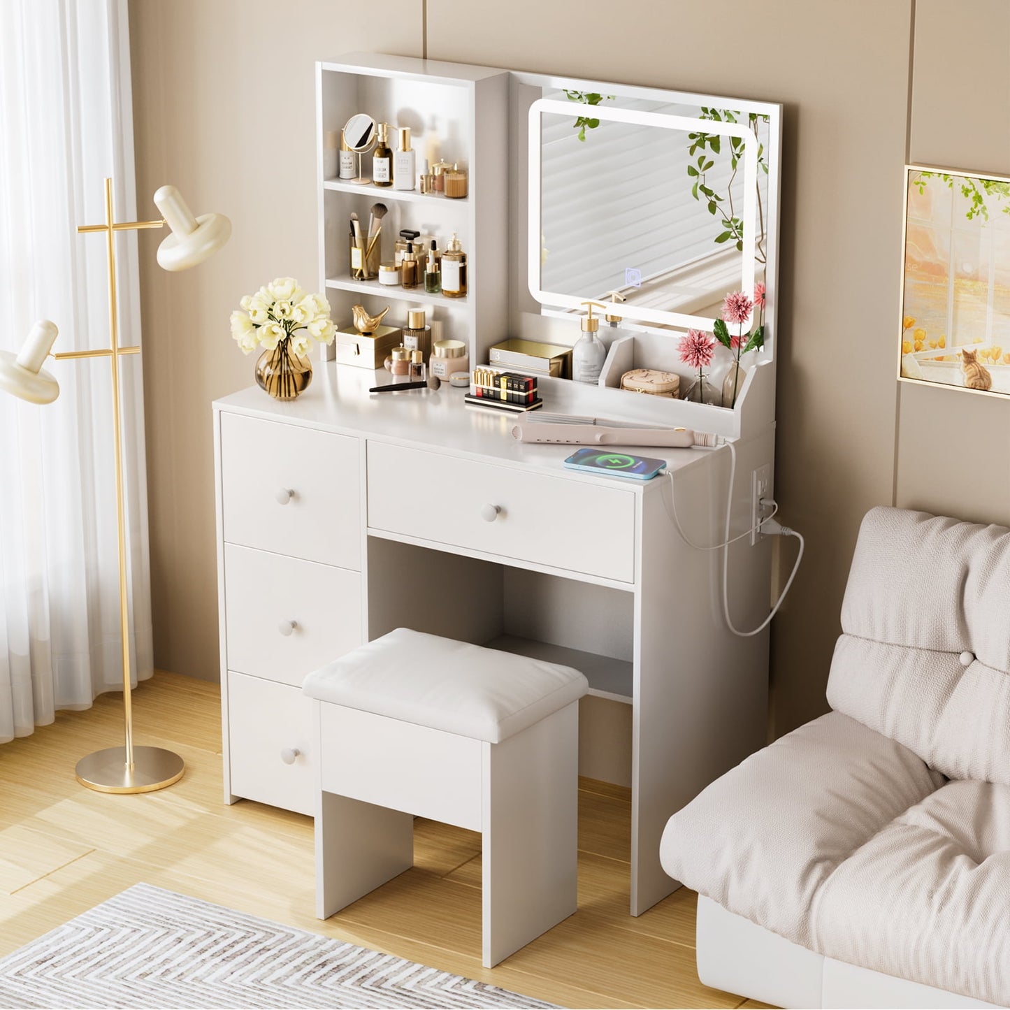 Gounni Vanity Set with Mirror & Power Outlet, Makeup Vanity Table Desk Chair Set for Bedroom, White