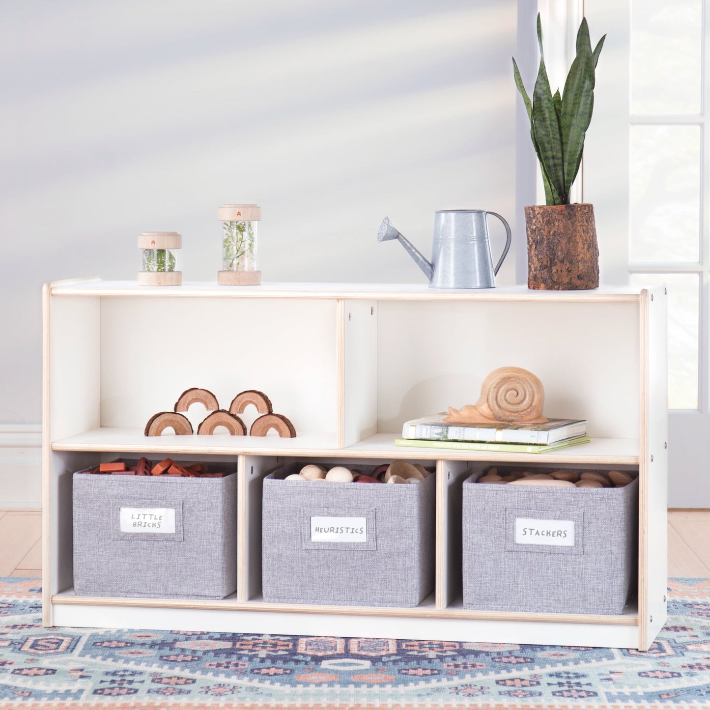 Guidecraft EdQ 2-Shelf 5-Compartment Storage 24in - White: Wooden Classroom and Playroom Bookshelf with Bins for Kids Toys and Books