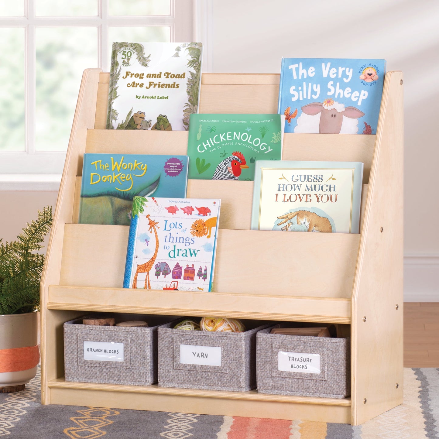 Guidecraft EdQ Bookcase: Kids' Wooden Book Rack with Storage Shelves, Bin Display for Home & Classroom