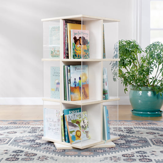 Guidecraft EdQ Rotating 3 Tier Book Display - White: Round Wooden Spinning Bookshelf Storage with Acrylic Shelves for Kids' Books