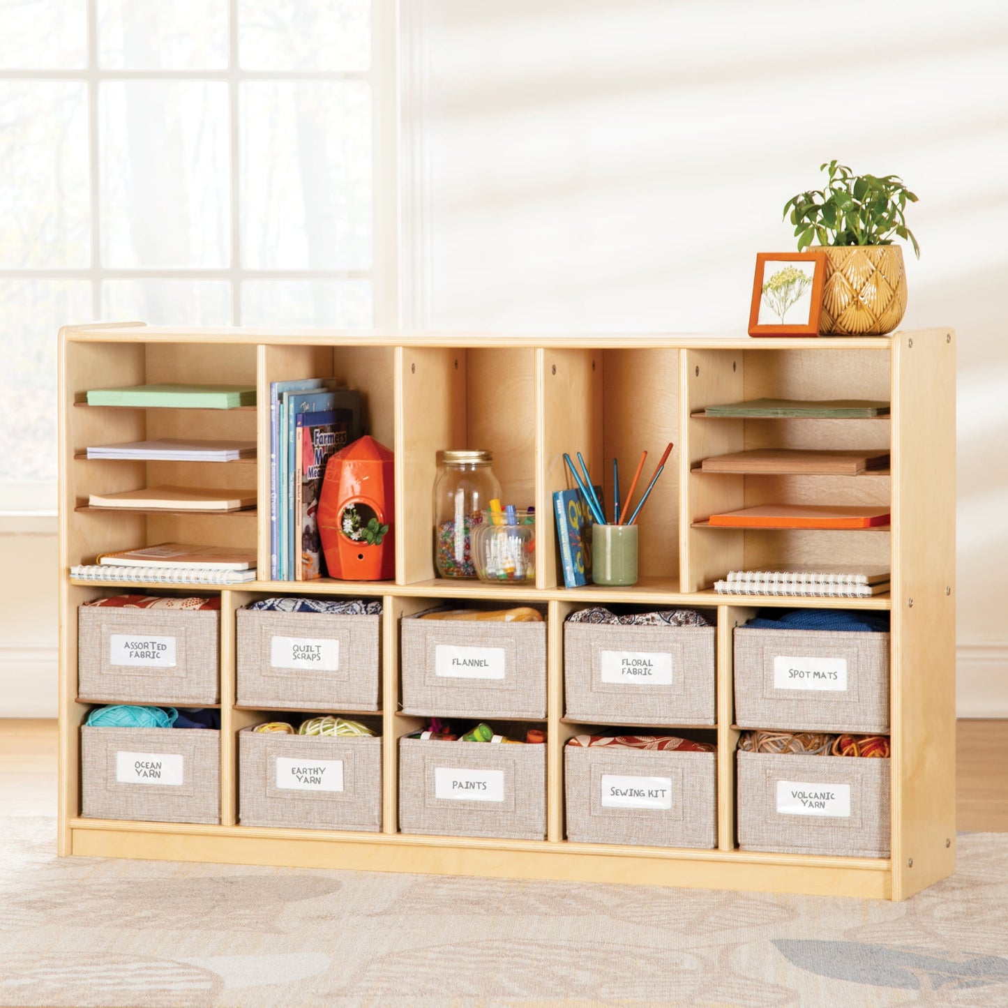 Guidecraft EdQ Shelves and 10 Bin Storage Unit 30in Natural: Wooden Bookcase with Compartments for Kids' Toys and Books in Playroom