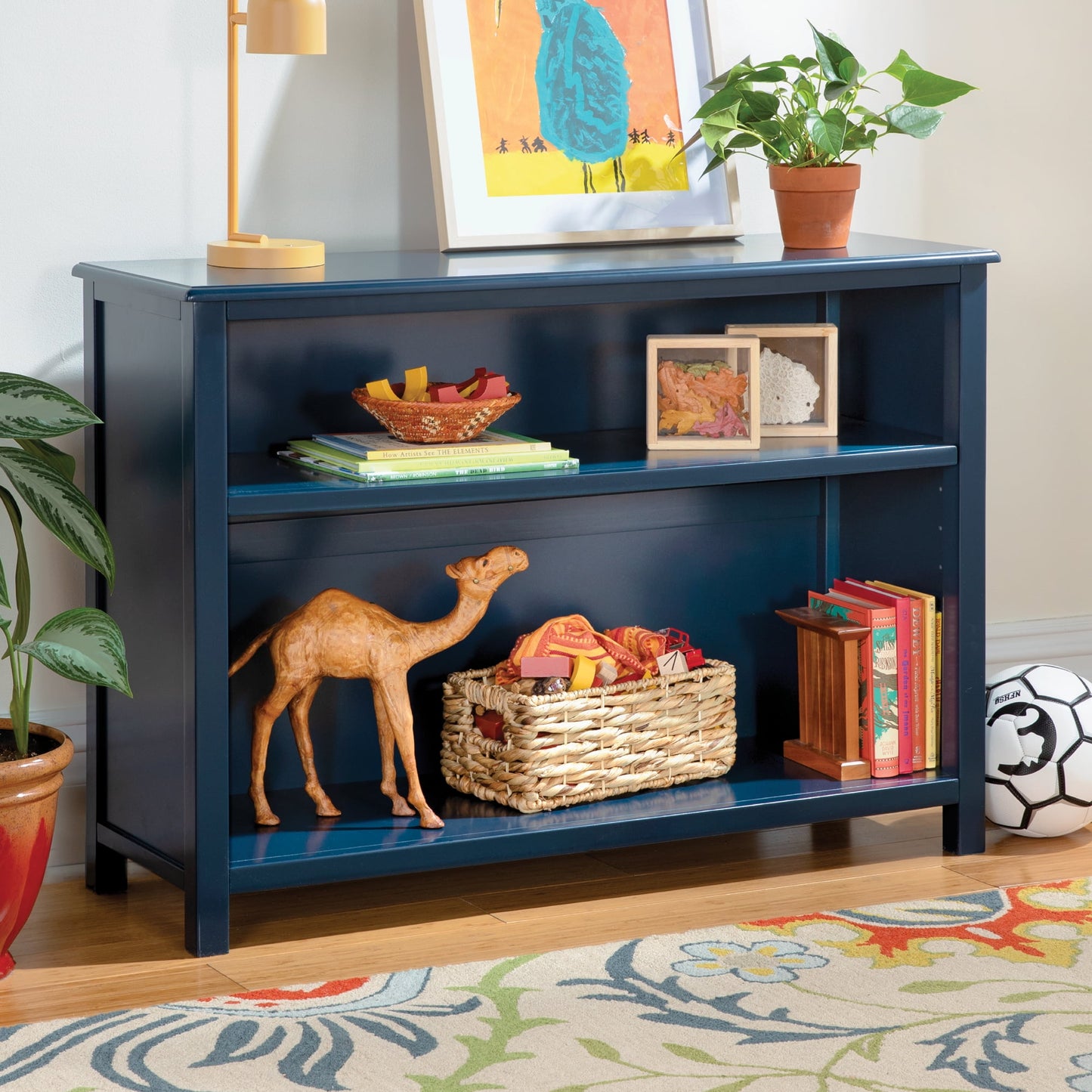 Guidecraft Kids' Deluxe Taiga 2 Shelf Bookshelf - Navy: Children's Sturdy Wooden Bookcase and Toy Organizer with Cubby Storage