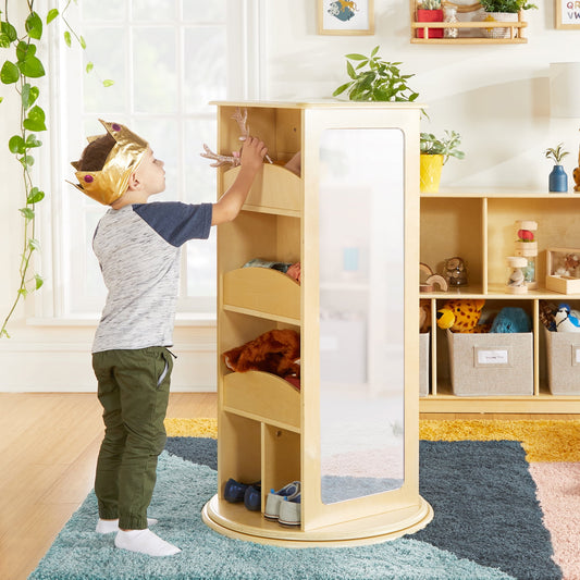 Guidecraft Rotating Dress Up Storage Center - Natural: Plywood Armoire, Bedroom Costume Rack and Kids' Clothes Organizer with Mirrors