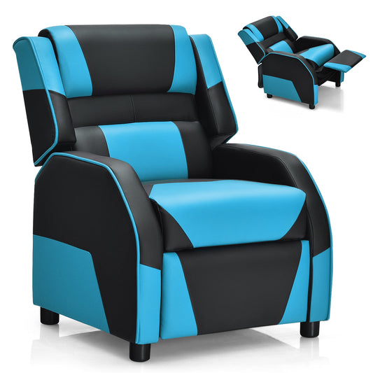 Gymax Gaming Recliner Sofa PU Leather Armchair for Kids Youth w/ Footrest Blue