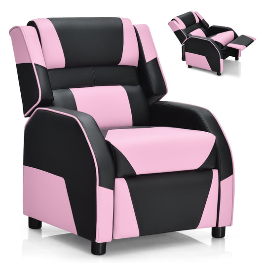 Gymax Gaming Recliner Sofa PU Leather Armchair for Kids Youth w/ Footrest Pink