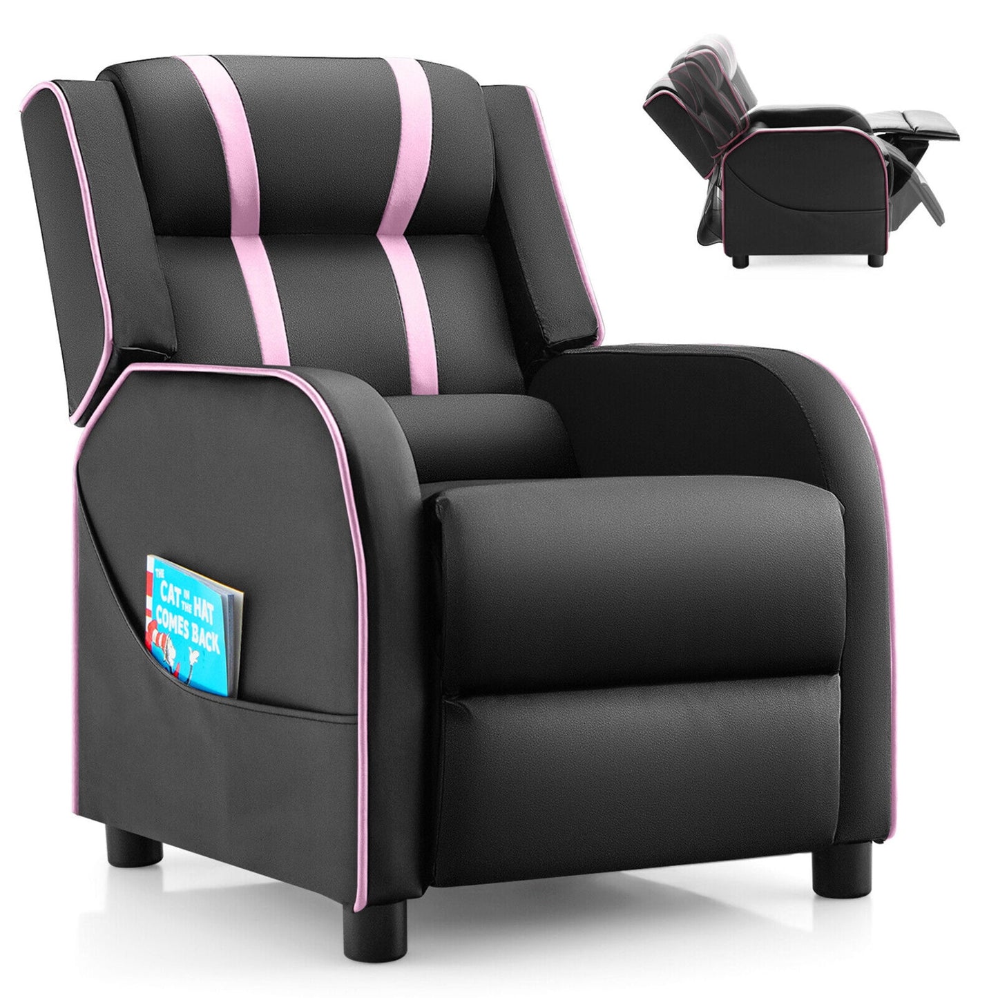 Gymax Kids Recliner Chair Ergonomic Leather Sofa Armchair w/Footrest Side Pocket Pink