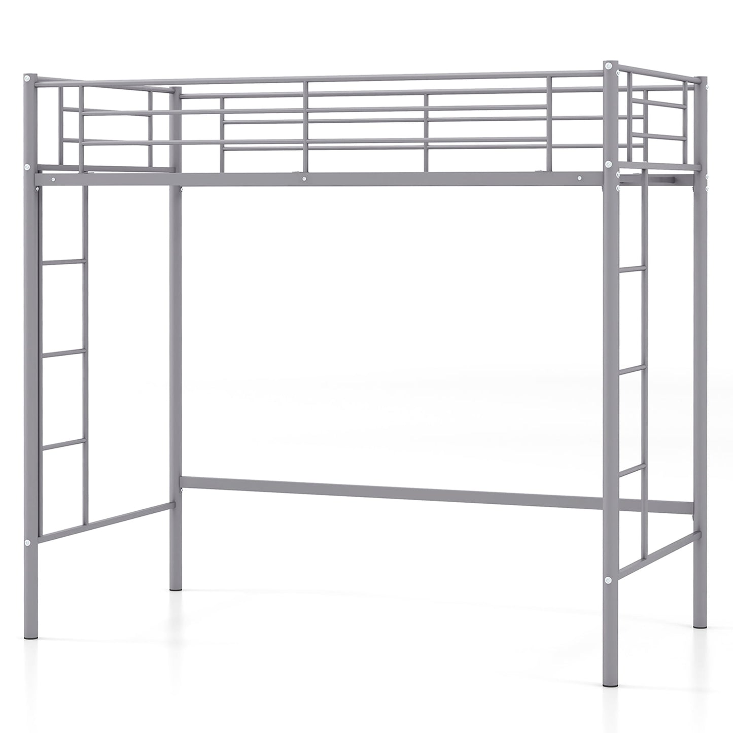 Gymax Twin Metal Loft Bed Frame w/ 2 Ladders Full-length Guardrail Space-Saving Silver