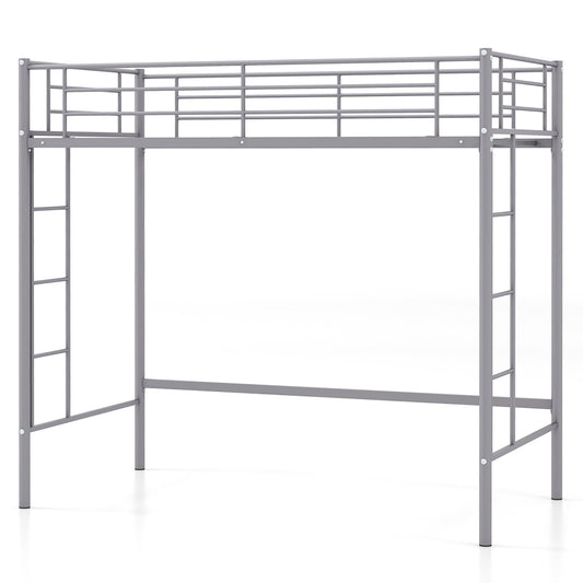 Gymax Twin Metal Loft Bed Frame w/ 2 Ladders Full-length Guardrail Space-Saving Silver
