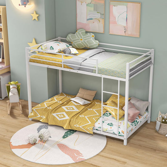 Gymax Twin Over Twin Low Metal Bunk Bed with Ladder Guardrails for Teens Adults White