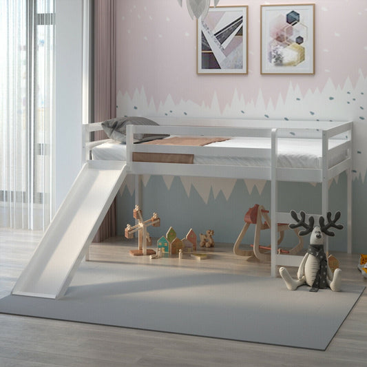 Gymax Twin Size Loft Bed with Slide Wood Low Sturdy Loft Bed for Kids Bedroom White