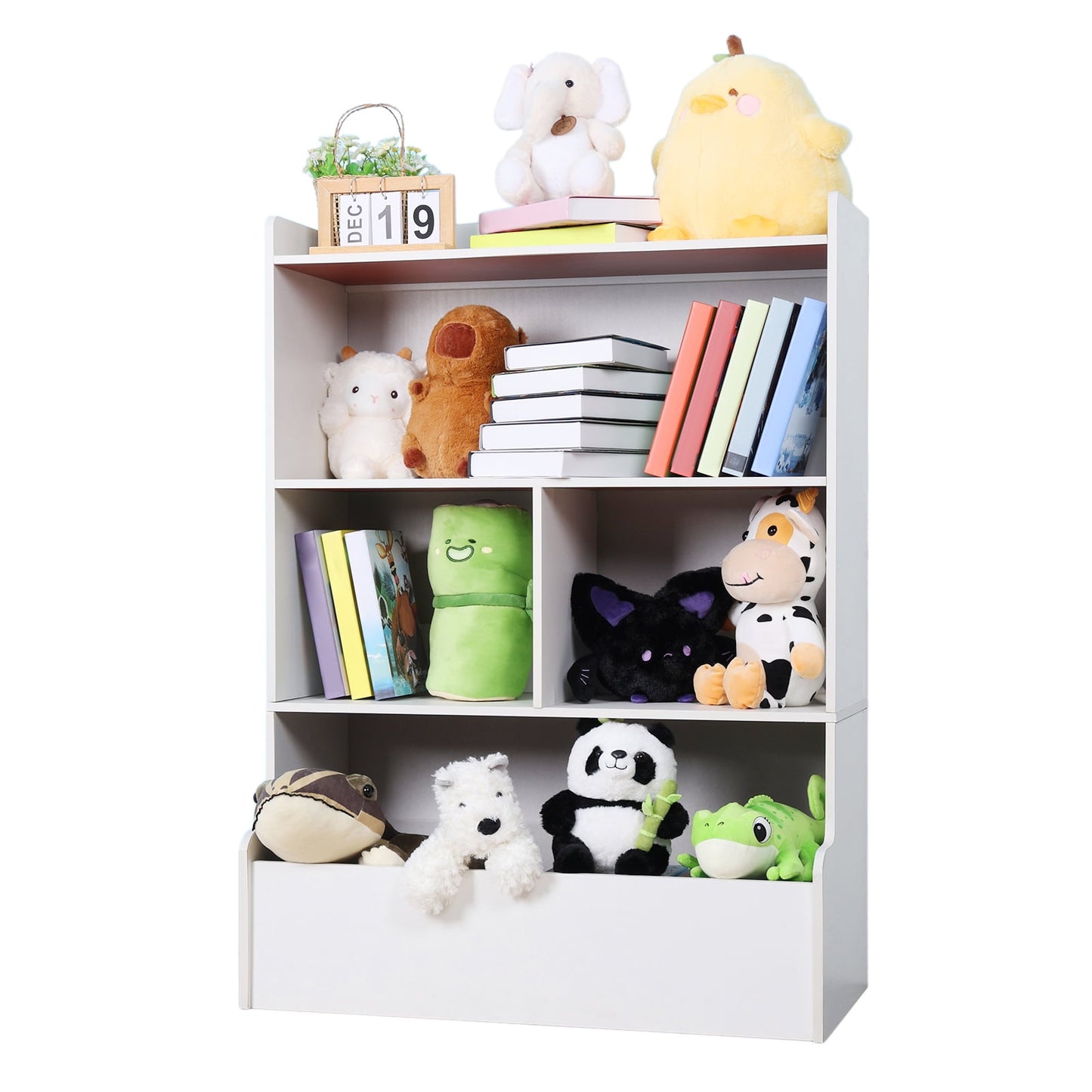 HICESS Kids Bookshelf, 4-Tier Storage Bookcase, Large Wooden Open Book Shelf, Floor Standing Toy Organizer and Storage Cabinet for Playing Room, Nursery, Baby Bedroom, White