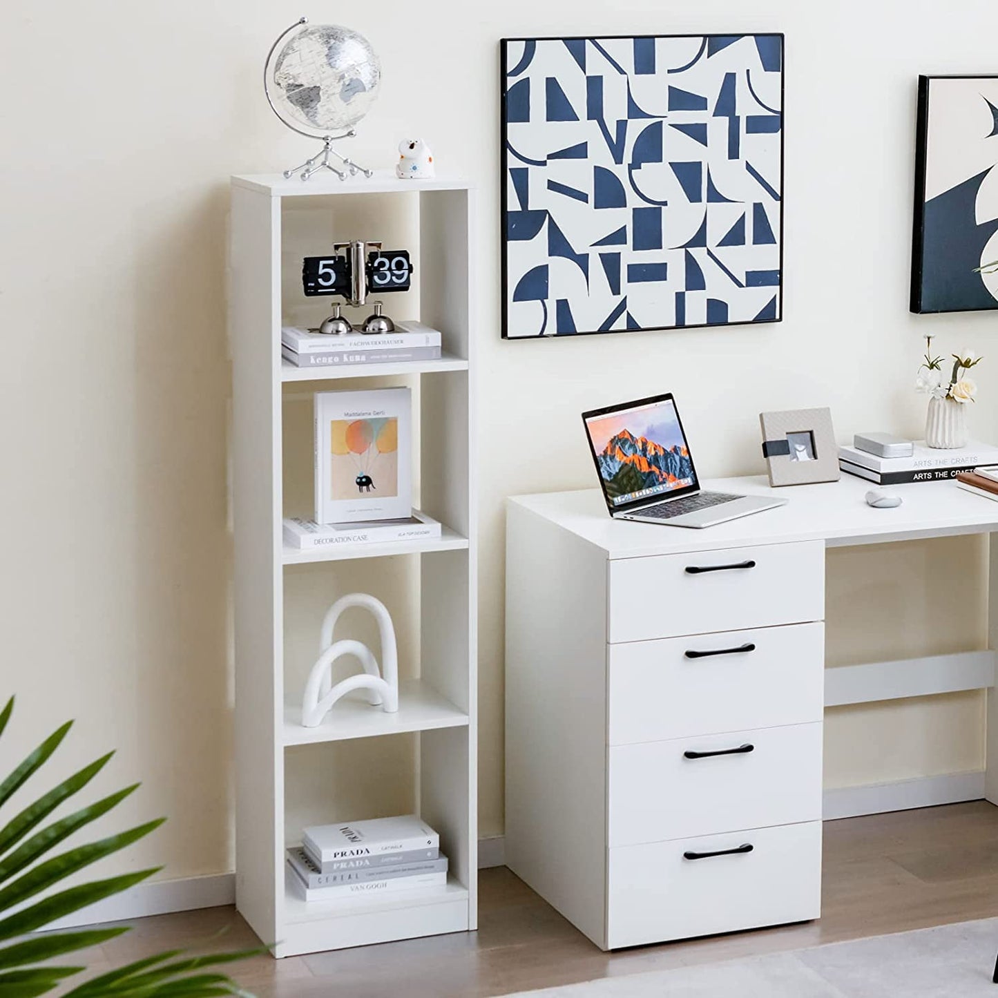 HOMEZY 56in Tall 4 Cube Bookcase White - Freestanding 15in Wide 5-Tier Narrow Open Display Bookshelf with 4 Anti-Tipping Kits, Wooden Cube Storage Organizer for Small Place, Living Room, Bedroom