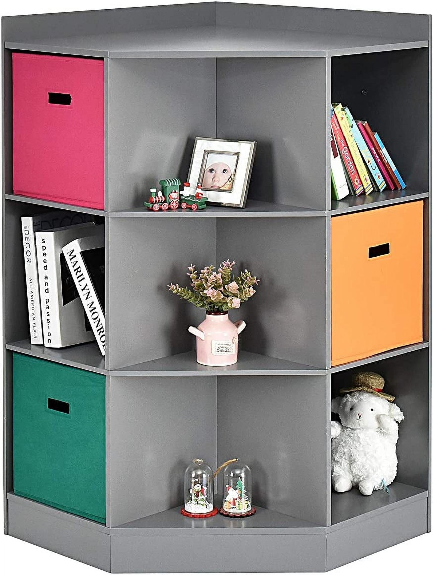 HOMEZY 9-Cubby Kids Bookcase with Extra Large Storage Baskets, Multi-Bin Children's Organizer Shelf with 6 Cubes and 3 Shelves, Wooden Storage Sideboard Suitable for Playroom, Decor Room (Gray)