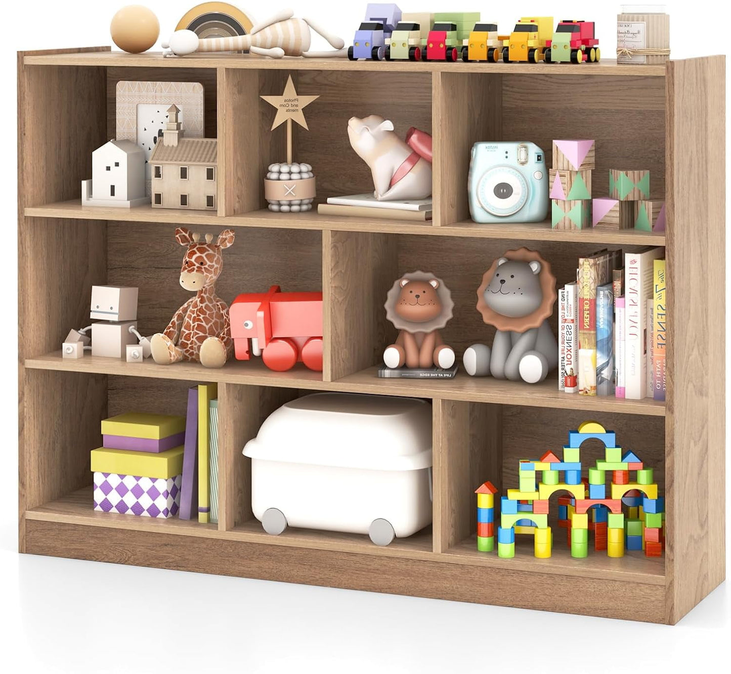 HOMEZY Kids Montessori Shelf, 8-Cube Wooden Toy Storage Organizer, 3 Tier Open Kids Bookshelf for Classroom, Bedroom & Playroom, Natural