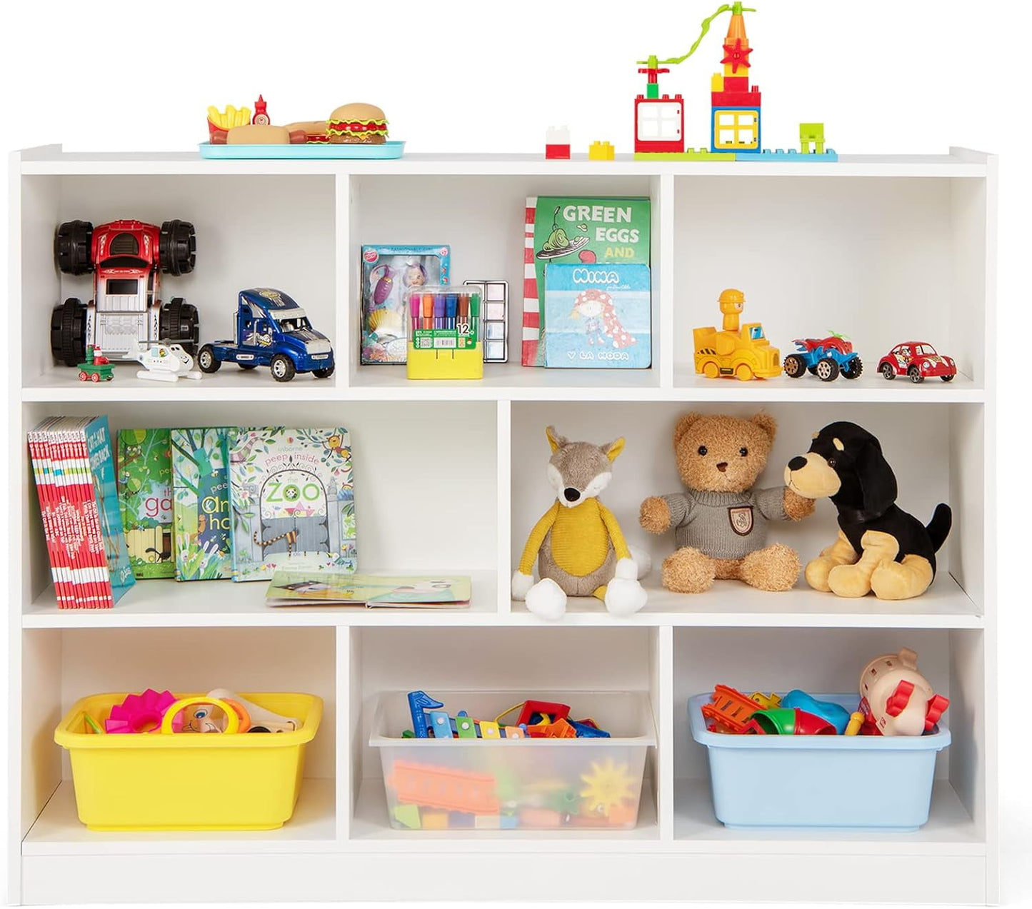 HOMEZY Kids Montessori Shelf, 8-Cube Wooden Toy Storage Organizer, 3 Tier Open Kids Bookshelf for Classroom, Bedroom & Playroom, White