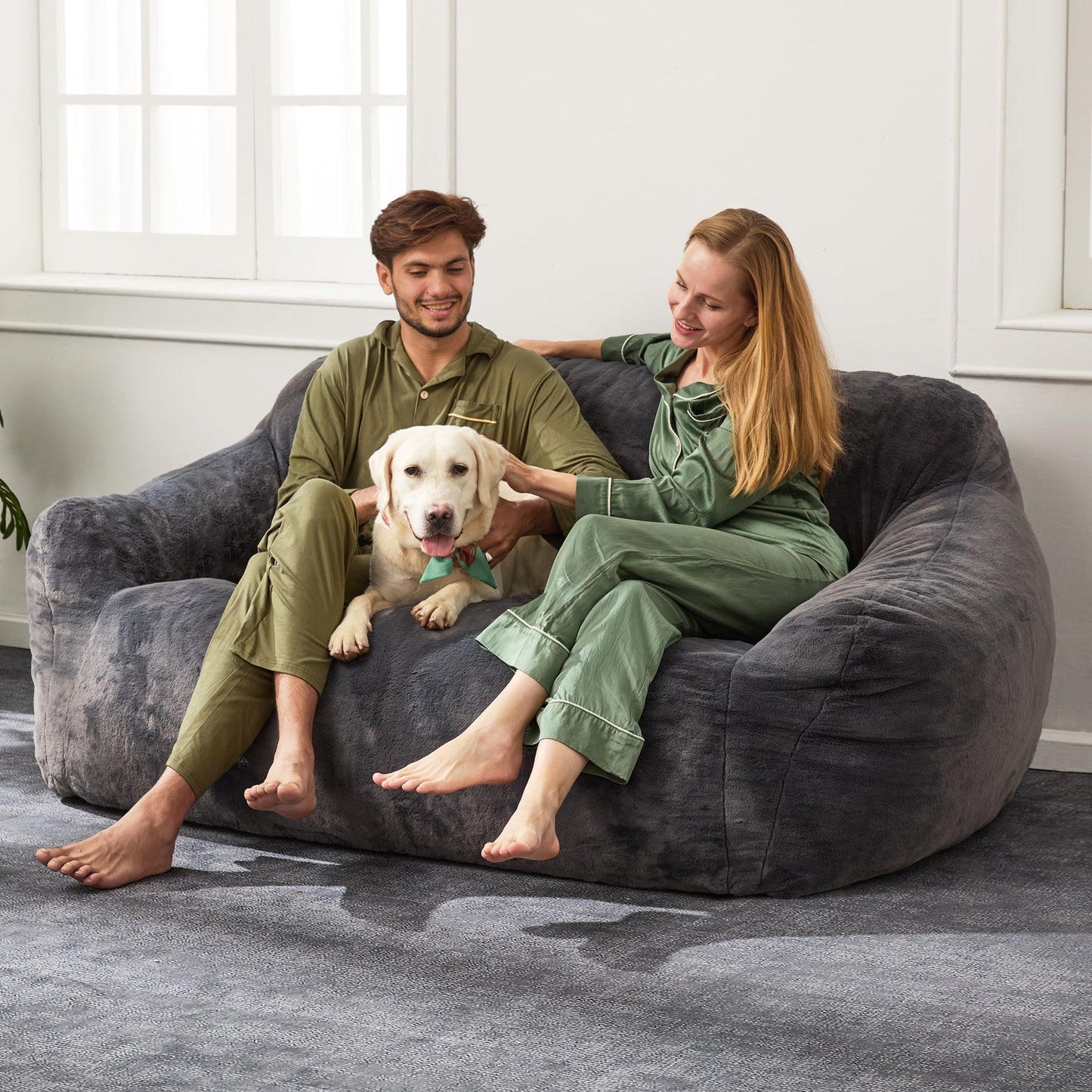 HOMGUAVA Oversized Bean Bag Chair for Adults, Giant Bean Bag Loveseat, Comfy Chair Lazy Sofa with Wide Armrests & Soft Imitation Mink Cover for Bedroom & Living Room, Gray Blue