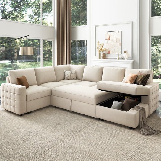 HONBAY Modern Velvet Sleeper Sofa Bed with Pull-Out Couch Bed with Storage for Living Room and Bedroom, Beige