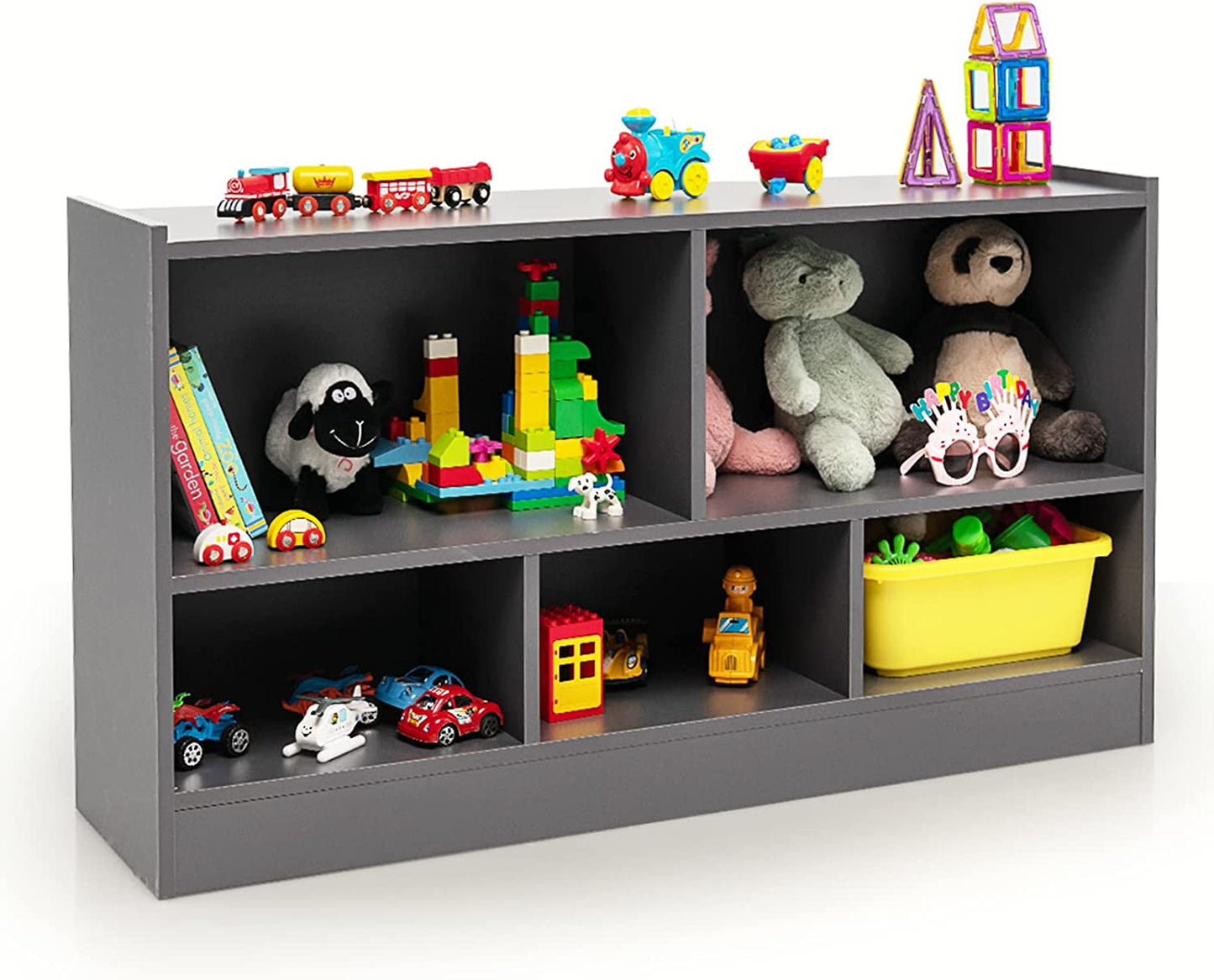 HONEY JOY Kids Toy Storage Organizer, 5-Section Storage Daycare Shelf for Preschool, Children 2-Tier Open Wooden Display Book Shelf Organizer for Classroom, Playroom & Nursery, Kindergarten(Dark Gray)