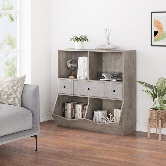 HOSSLLY Toy Storage Organizer with Bookcase, Kid's Multi Shelf Cubby for Books,Toys, Storage Organizer for Boys,Girls Play Room,Bedroom-Grey