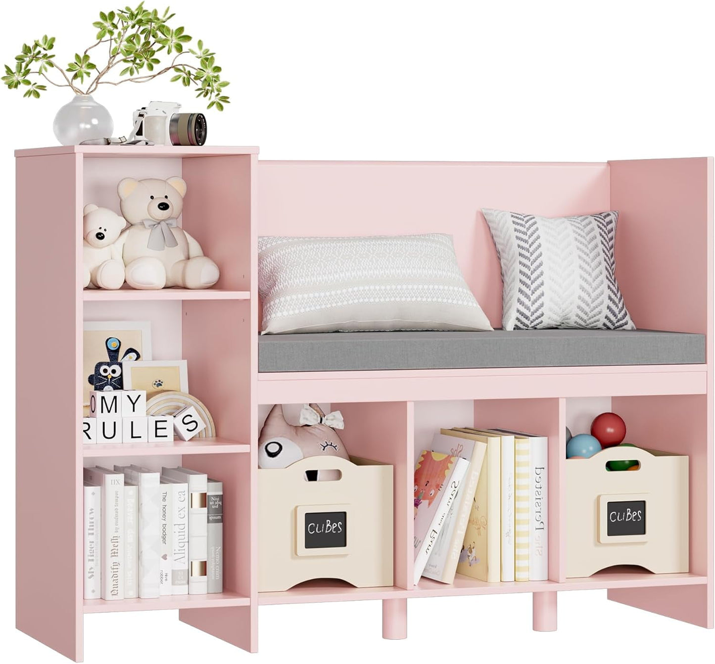 HOUSUIT 43.3in Kids Reading Nook Bench, Nursery Bookshelf and Bookcase with Seat Cushion, 6-Cubby Book Shelf Storage Organizer for Playroom, Bedroom, Living Room, Entryway, White