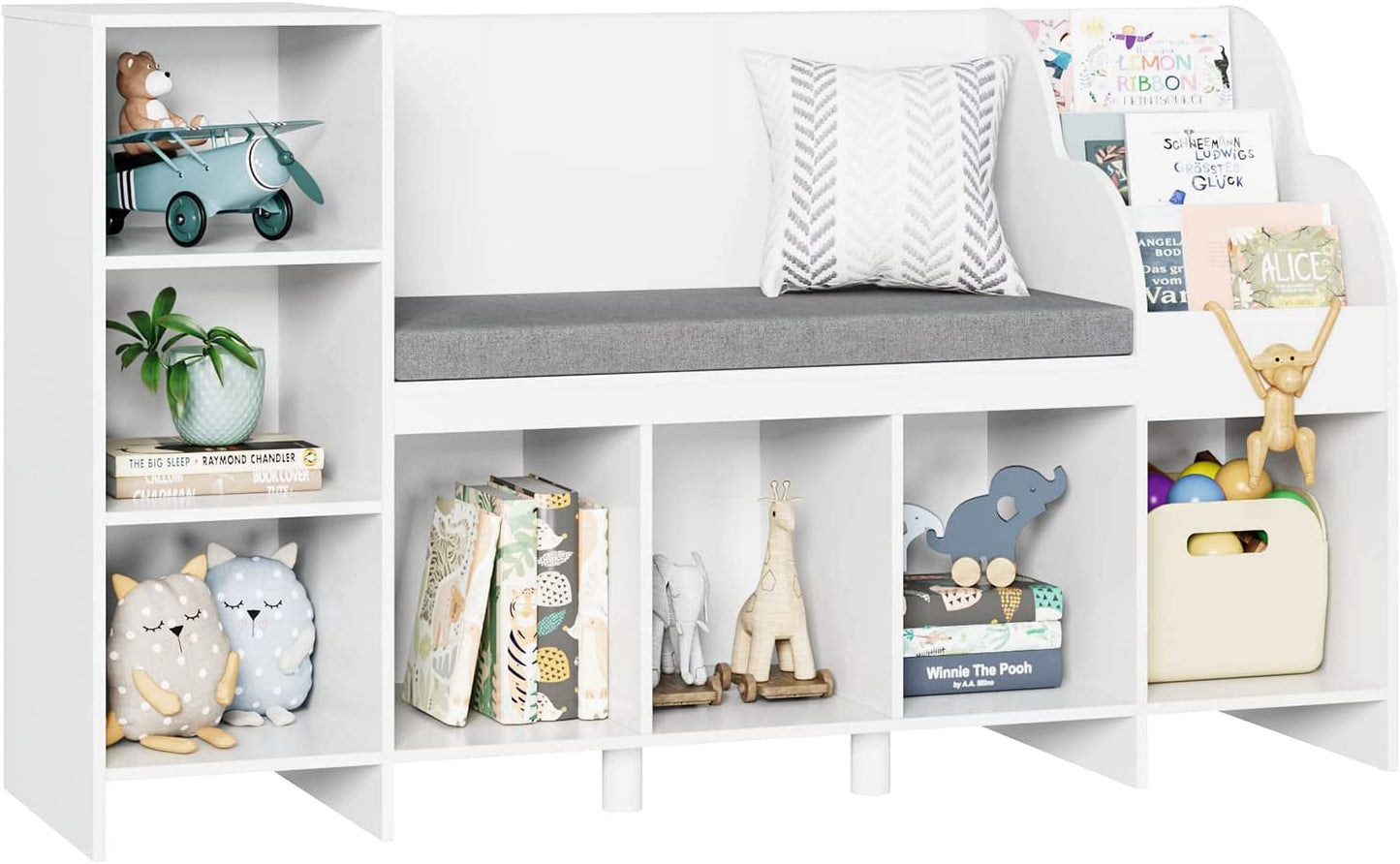 HOUSUIT Kids Bookshelf with Reading Nook, Bookcase with Seat Cushion and Adjustable Shelf, Storage Bench with Book Rack for Bedroom, Entryway, Playroom, 15.7in D x 54.5in W x 31.5in H, White