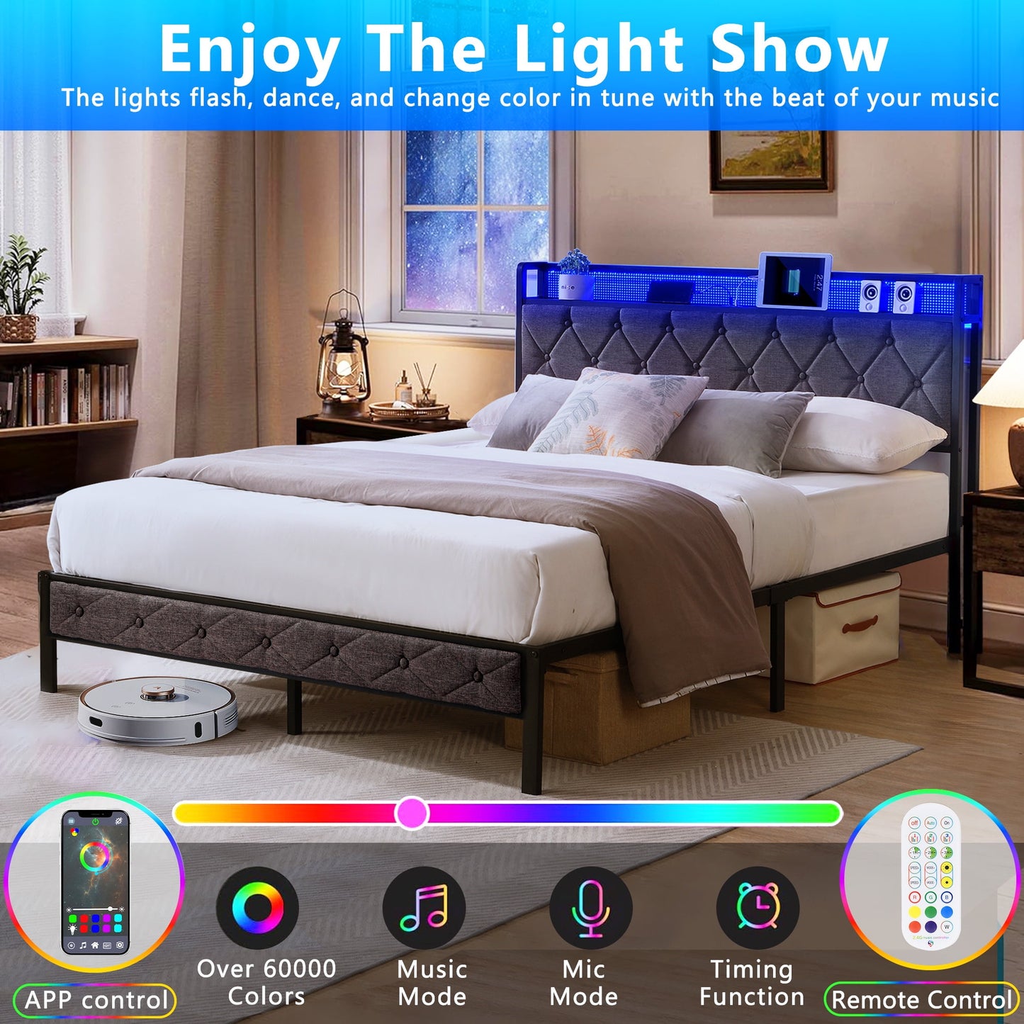 HSUNNS Bed Frame Full Size with LED Lights, Metal Platform Full Bed with Storage Upholstered Headboard, Bed Frame Full Size with Charging Station, No Box Spring Needed, Noise Free, Dark Gray