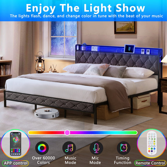 HSUNNS Bed Frame King Size with LED Lights, Metal Platform King Bed with Storage Upholstered Headboard, Bed Frame King Size with Charging Station, No Box Spring Needed, Noise Free, Dark Gray