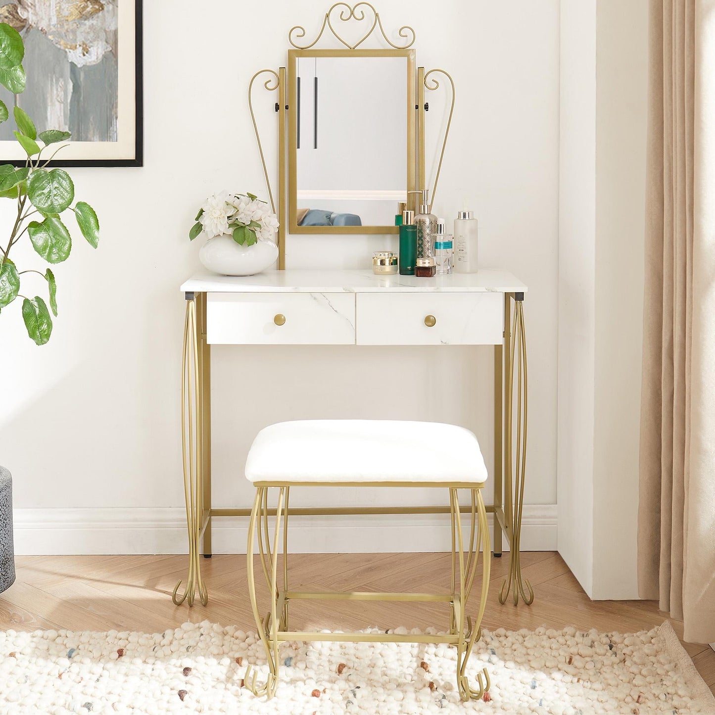 HSUNNS Vanity Set with Mirror, 2 Drawers Makeup Dressing Desk with Cushioned Stool Set, Vintage Style Makeup Vanity Table Desk with Large Mirror, Bedroom Vanities Set for Women and Girls, White