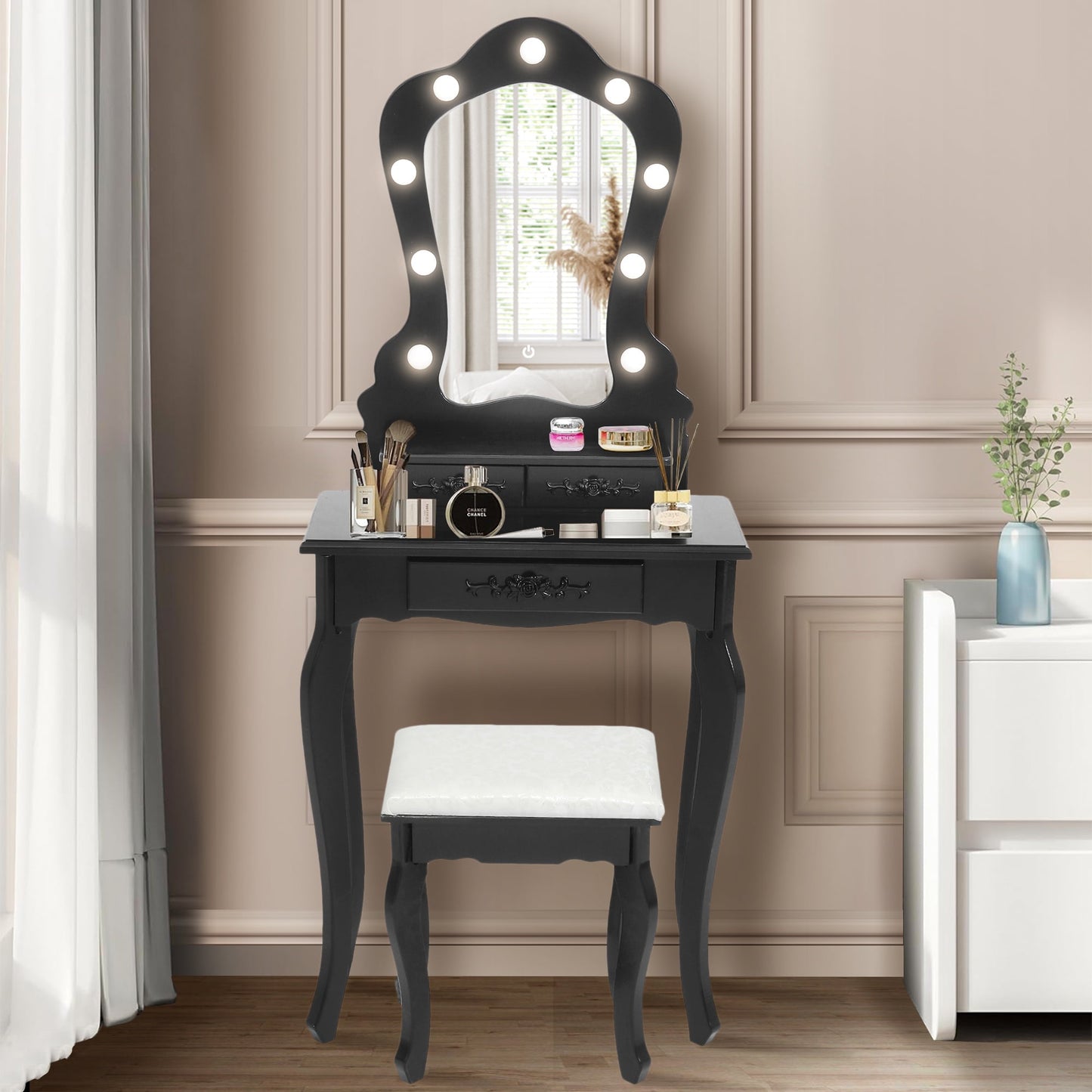 HSUNNS Modern Vanity Set, 4 Drawers Makeup Desk with Cushion Stool & Storage Shelves, Sliding Mirror, Black