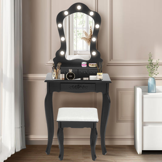 HSUNNS Modern Vanity Set, 4 Drawers Makeup Desk with Cushion Stool & Storage Shelves, Sliding Mirror, Black