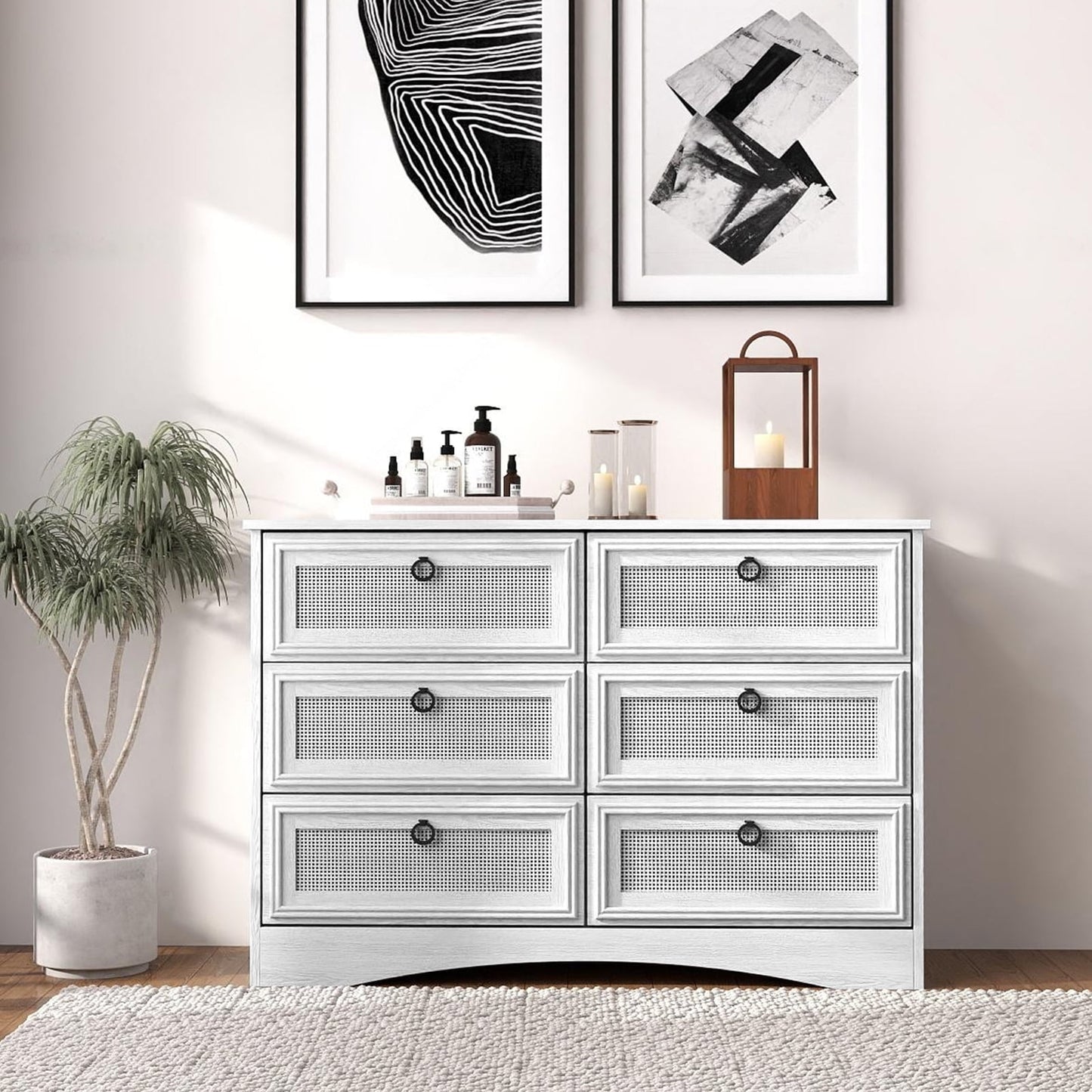 HUJAUU Dresser for Bedroom, Rattan 6 Drawer Dresser, Wide Chest of Drawers for Living Room, Closet, Hallway, Nursery, White