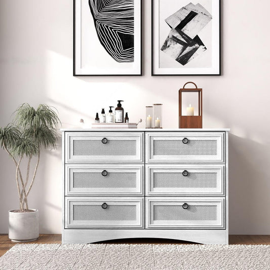 HUJAUU Dresser for Bedroom, Rattan 6 Drawer Dresser, Wide Chest of Drawers for Living Room, Closet, Hallway, Nursery, White