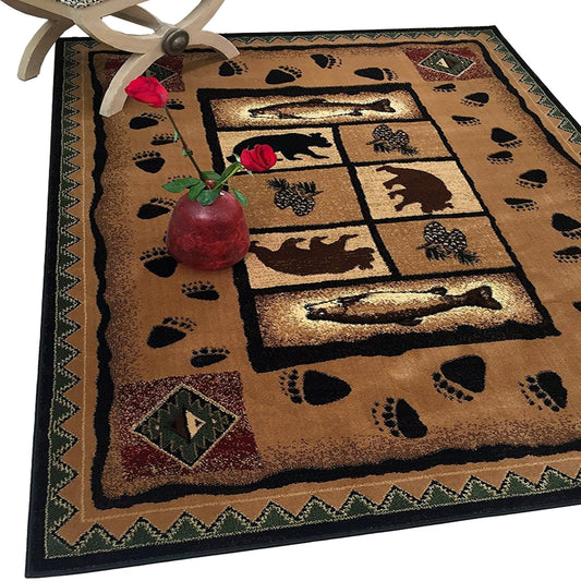 Handcraft Rugs Cabin Rug Lodge, Cabin Nature and Animals Area Rug Modern Geometric Design Cabin Area Rug Abstract, Brown/Green/RedBear/Fish/Footprint 5x7 feet