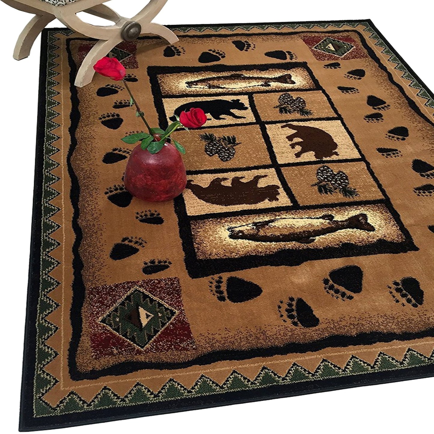Handcraft Rugs Cabin Rug Lodge, Cabin Nature and Animals Area Rug Modern Geometric Design Cabin Area Rug Abstract, Brown/Green/RedBear/Fish/Footprint 8x10 feet