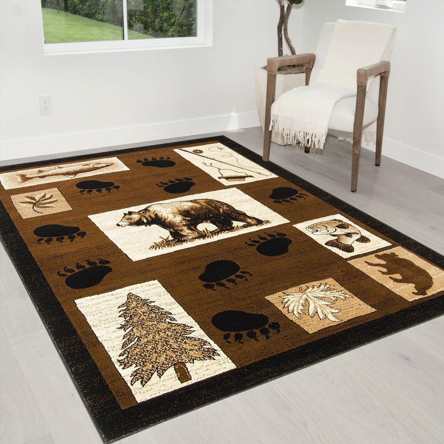 Handcraft Rugs Cabin Rug Lodge, Cabin Nature and Animals Area Rug Modern Geometric Design Cabin Area Rug Abstract, Chocolate/BeigeBear/Footprint/Trees/Fishing Equipment 5x7 feet