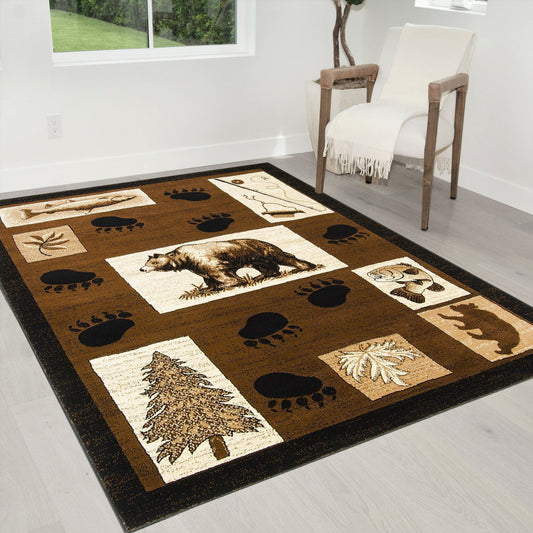 Handcraft Rugs Cabin Rug Lodge, Cabin Nature and Animals Area Rug Modern Geometric Design Cabin Area Rug Abstract, Chocolate/BeigeBear/Footprint/Trees/Fishing Equipment 5x7 feet