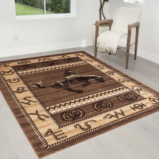Handcraft Rugs Cabin Rug Lodge, Cabin Nature and Animals Area Rug Modern Geometric Design Cabin Area Rug Abstract, Chocolate Brown/BeigeHorse Riding 4x5 feet