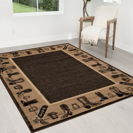 Handcraft Rugs Cabin Rug Lodge, Cabin Nature and Animals Area Rug Modern Geometric Pattern Cabin Area Rug Abstract, Chocolate/Beige-Cowboy Boots/Cowboy Hat 4x5 feet