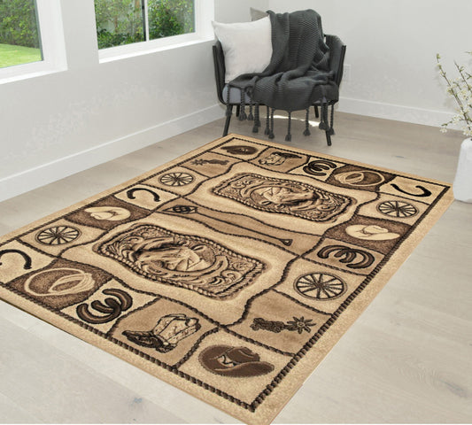 Handcraft Rugs Cabin Rug Lodge, Cabin Nature and Animals Area Rug Modern Geometric Pattern Cabin Area Rug Abstract, Chocolate/Beige-Horse/Cowboy Boots-Hat/Horseshoe 8x10 feet