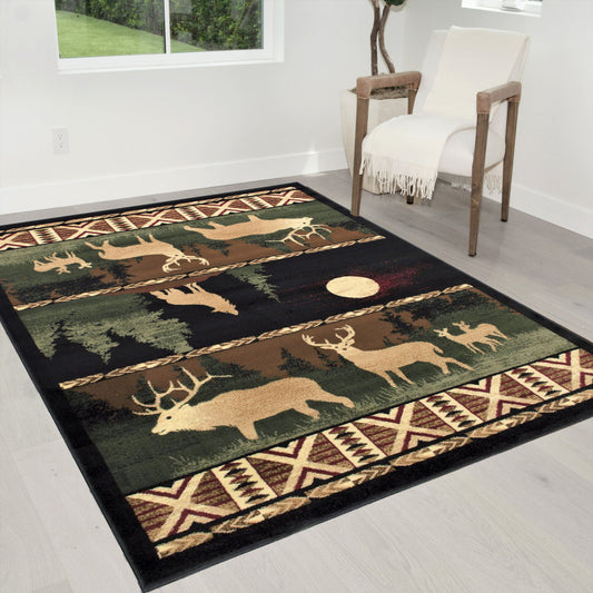 Handcraft Rugs Cabin Rug Lodge, Cabin Nature and Animals Area Rug Modern Nature Pattern Cabin Area Rug Abstract, Black/Beige/Green/Red-Wolf/Moon/Deer 4x5 feet