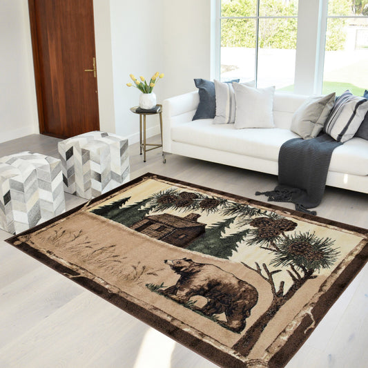 Handcraft Rugs Cabin Rug Lodge, Cabin Nature and Animals Area Rug Modern Nature Pattern Cabin Area Rug Abstract, Chocolate/Beige/Green-Bear/Lodge 8x10 feet