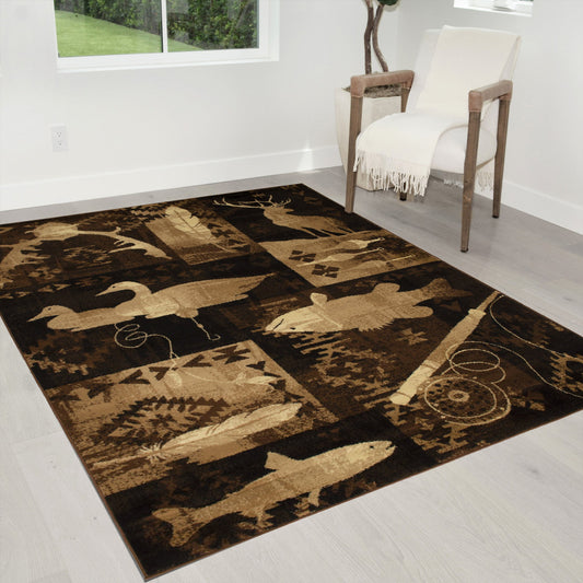 Handcraft Rugs Cabin Rug Lodge, Cabin Nature and Animals Area Rug Modern Nature Pattern Cabin Area Rug Abstract, Chocolate Brown/Beige-Fishing Tools/ Fish/ Deer 4x5 feet