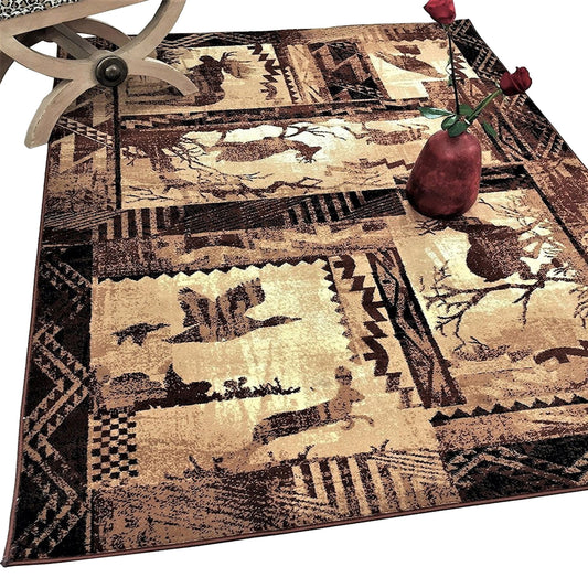 Handcraft Rugs Cabin Rug Lodge, Cabin Nature and Animals Area Rug Modern Nature Pattern Cabin Area Rug Abstract, Chocolate Brown/Beige-Rabbit/Deer/Moose/Birds 8x10 feet